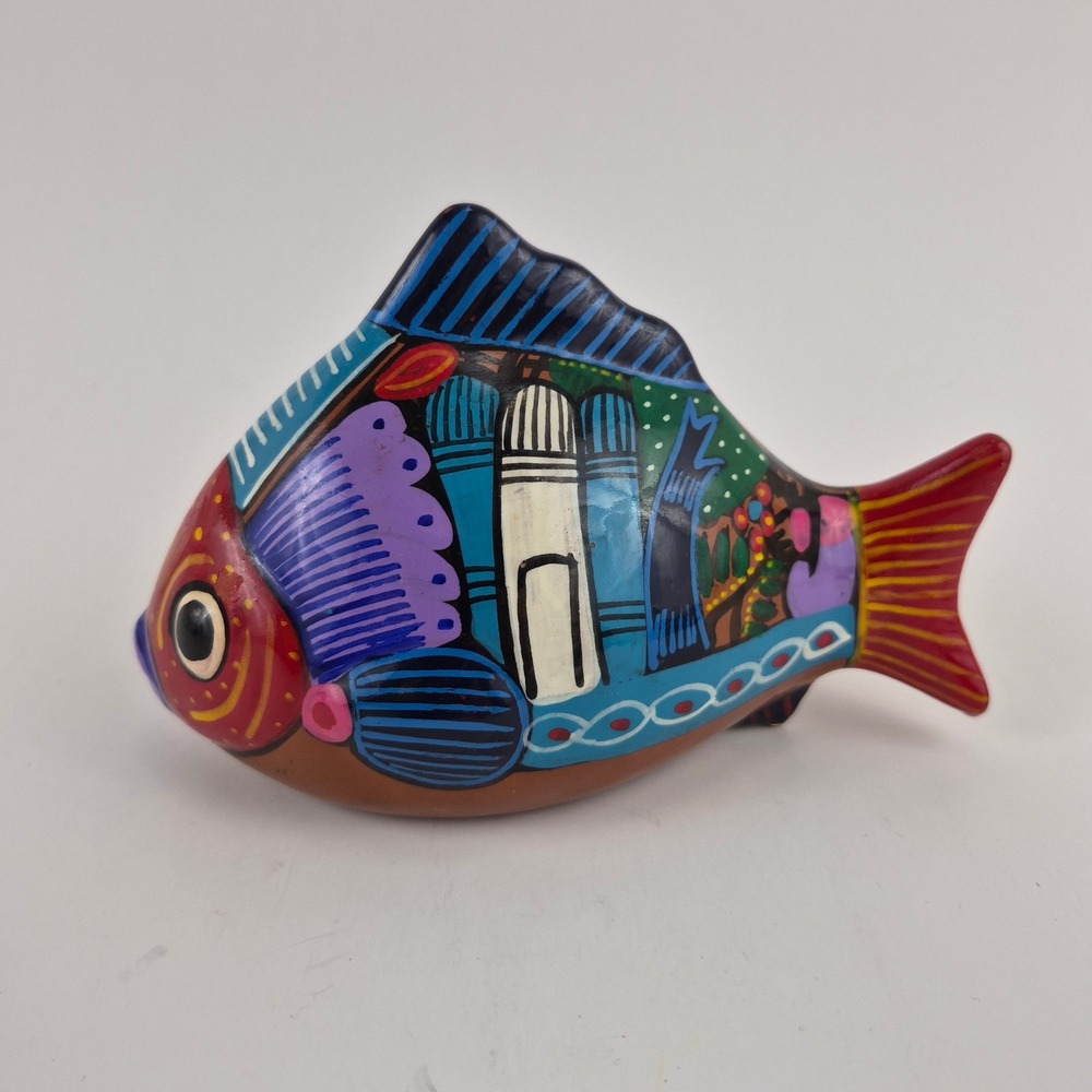 Vintage Mexican Folk Art Pottery Fish Figurine Hand Painted Tonala Mexico 6 inch